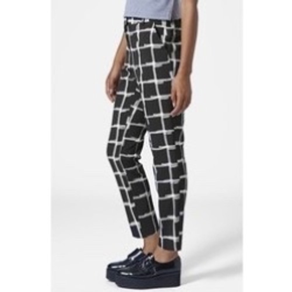 Topshop‎ Black White Abstract Grid Print Tapered Ankle Pants Womens US 4